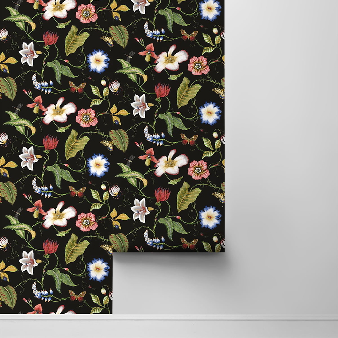 NextWall Peel &amp; Stick Summer Garden Floral Jet Black Wallpaper image 2 of 4