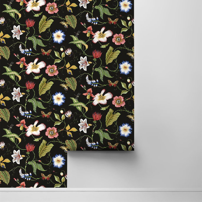 NextWall Peel &amp; Stick Summer Garden Floral Jet Black Wallpaper image 2 of 4