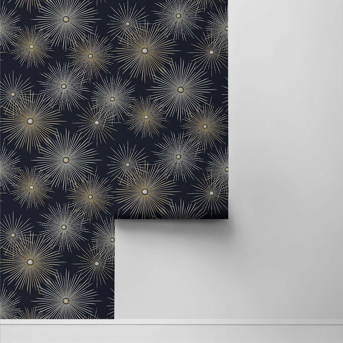 NextWall Peel &amp; Stick Starburst Geo Midnight &amp; Gold Wallpaper image 2 of 4