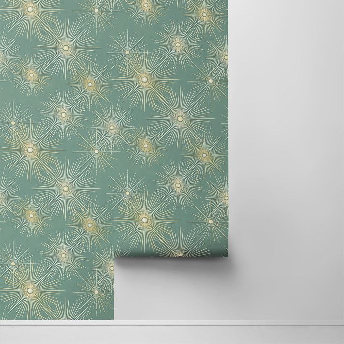NextWall Peel &amp; Stick Starburst Geo Teal &amp; Metallic Gold Wallpaper image 2 of 4