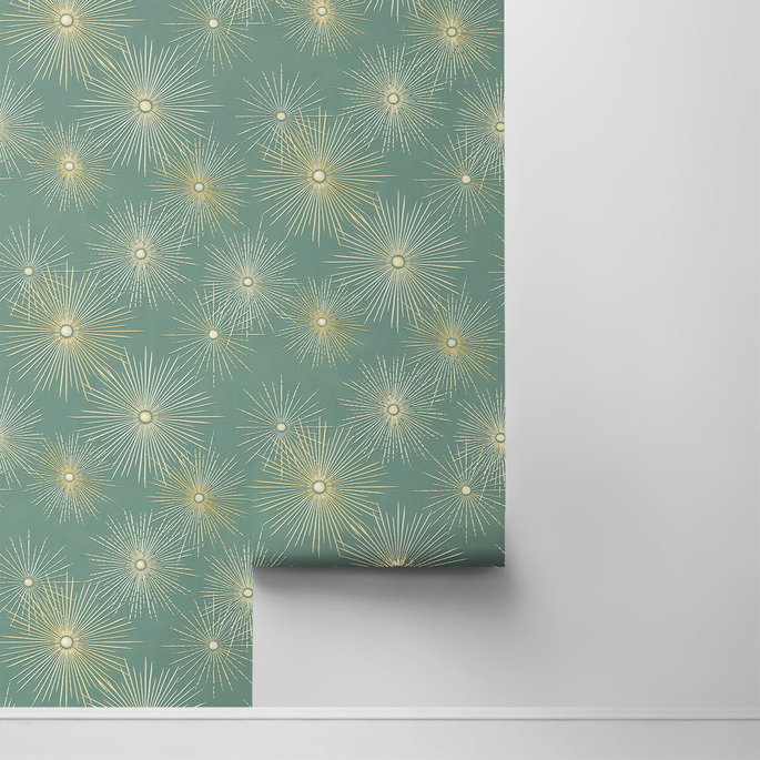 NextWall Peel &amp; Stick Starburst Geo Teal &amp; Metallic Gold Wallpaper image 2 of 4