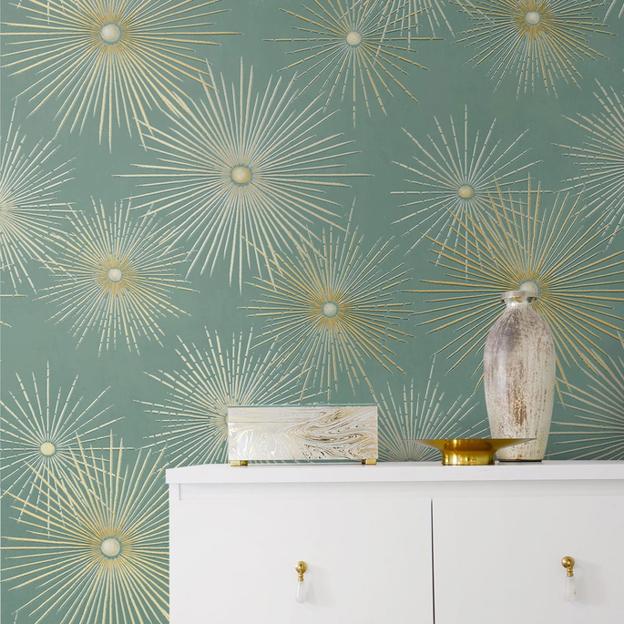 NextWall Peel &amp; Stick Starburst Geo Teal &amp; Metallic Gold Wallpaper image 3 of 4