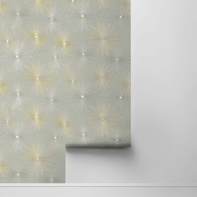 NextWall Peel &amp; Stick Starburst Geo Silversmoke &amp; Metallic Gold Wallpaper image 2 of 4