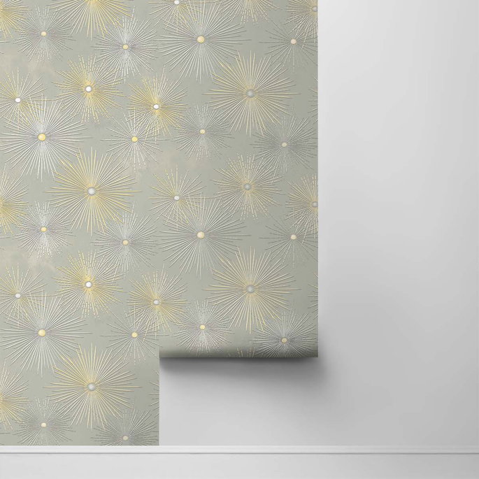 NextWall Peel &amp; Stick Starburst Geo Silversmoke &amp; Metallic Gold Wallpaper image 2 of 4