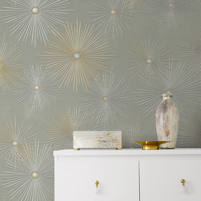 NextWall Peel &amp; Stick Starburst Geo Silversmoke &amp; Metallic Gold Wallpaper image 3 of 4