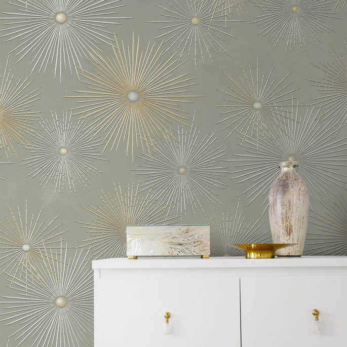 NextWall Peel &amp; Stick Starburst Geo Silversmoke &amp; Metallic Gold Wallpaper image 3 of 4