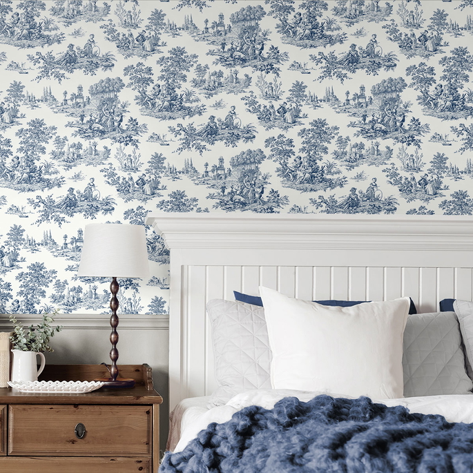 NextWall Peel &amp; Stick Chateau Toile Navy Blue Wallpaper image 3 of 4
