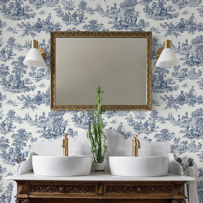 NextWall Peel &amp; Stick Chateau Toile Navy Blue Wallpaper image 4 of 4