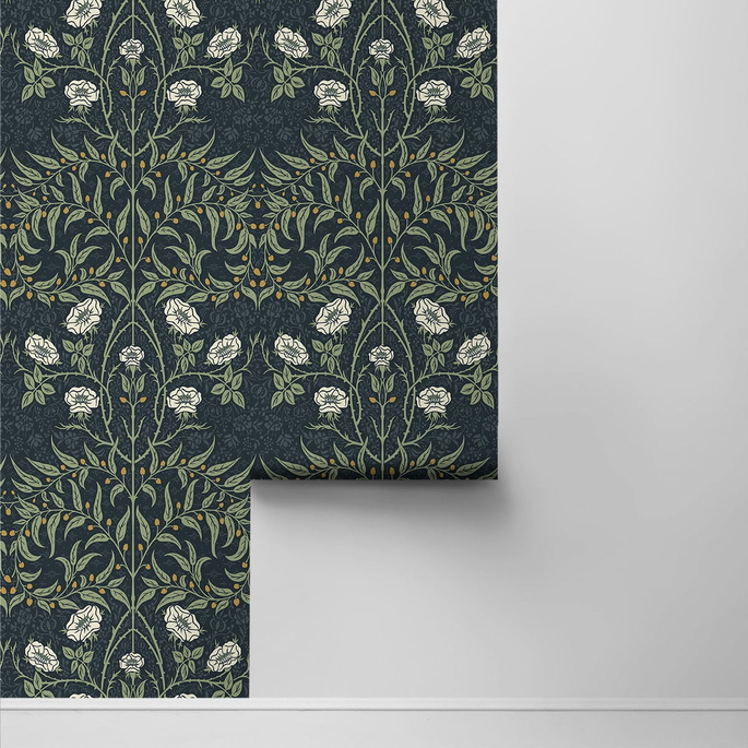 NextWall Peel &amp; Stick Stenciled Floral Navy &amp; Sage Wallpaper image 2 of 4