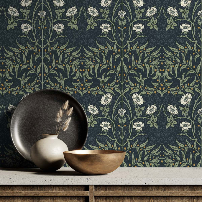 NextWall Peel &amp; Stick Stenciled Floral Navy &amp; Sage Wallpaper image 3 of 4