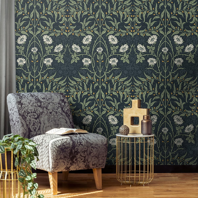 NextWall Peel &amp; Stick Stenciled Floral Navy &amp; Sage Wallpaper image 4 of 4