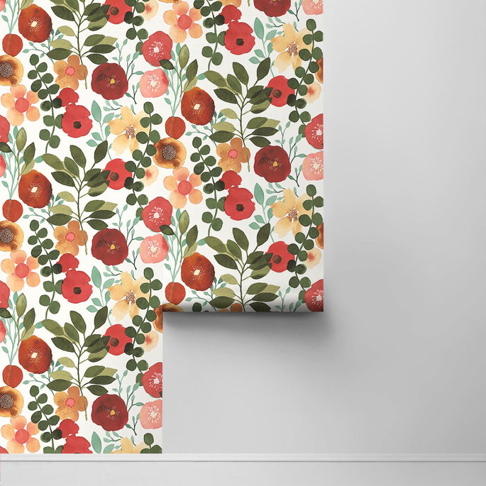 NextWall Peel &amp; Stick Garden Dance Ruby &amp; Hunter Green Wallpaper image 2 of 4