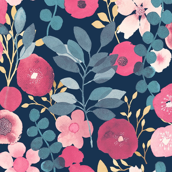 NextWall Peel &amp; Stick Garden Dance Navy &amp; Magenta Wallpaper image 1 of 4