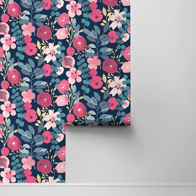 NextWall Peel &amp; Stick Garden Dance Navy &amp; Magenta Wallpaper image 2 of 4