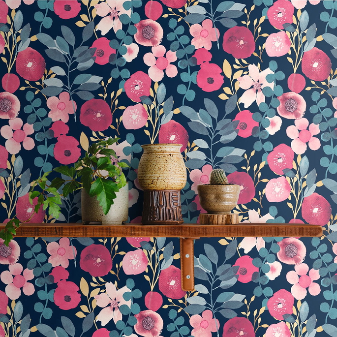 NextWall Peel &amp; Stick Garden Dance Navy &amp; Magenta Wallpaper image 3 of 4
