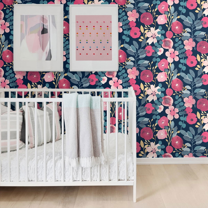 NextWall Peel &amp; Stick Garden Dance Navy &amp; Magenta Wallpaper image 4 of 4