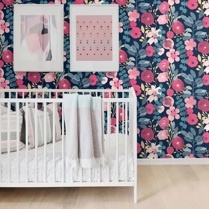 NextWall Peel &amp; Stick Garden Dance Navy &amp; Magenta Wallpaper image 4 of 4