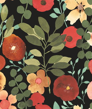 NextWall Peel & Stick Garden Dance Jet Black & Ruby Wallpaper