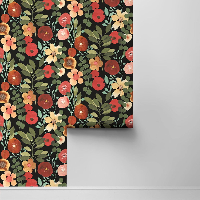 NextWall Peel &amp; Stick Garden Dance Jet Black &amp; Ruby Wallpaper image 2 of 4