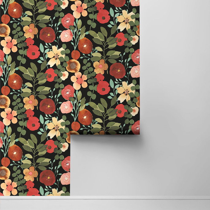 NextWall Peel &amp; Stick Garden Dance Jet Black &amp; Ruby Wallpaper image 2 of 4