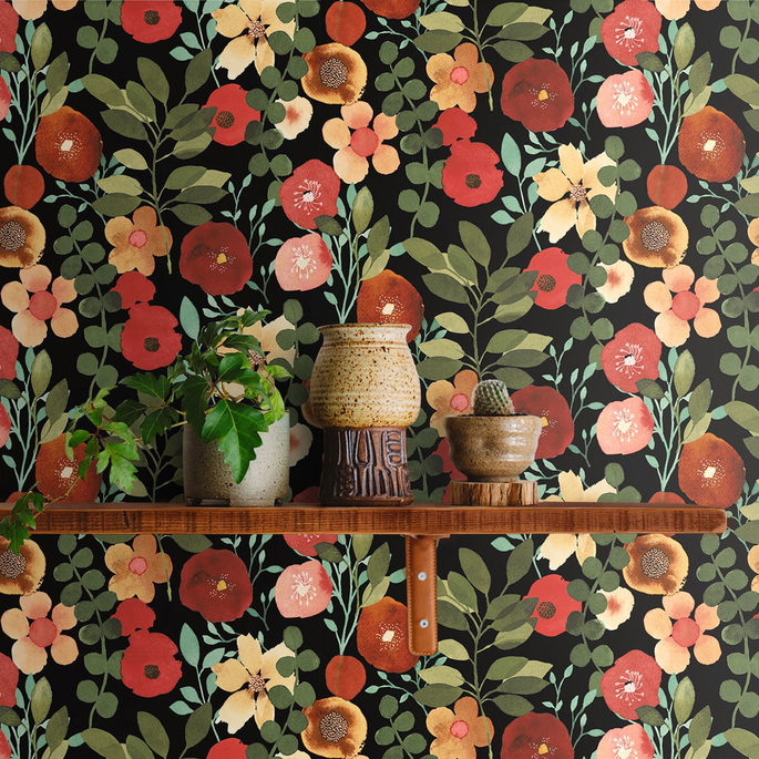 NextWall Peel &amp; Stick Garden Dance Jet Black &amp; Ruby Wallpaper image 3 of 4