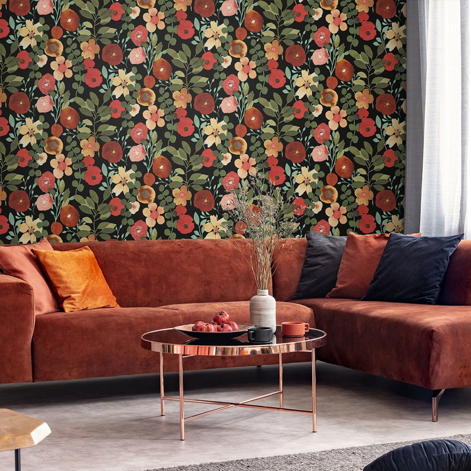 NextWall Peel &amp; Stick Garden Dance Jet Black &amp; Ruby Wallpaper image 4 of 4