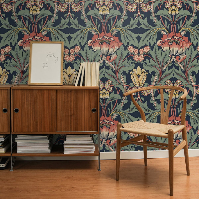 NextWall Peel &amp; Stick Primrose Floral Denim Blue &amp; Auburn Wallpaper image 3 of 4