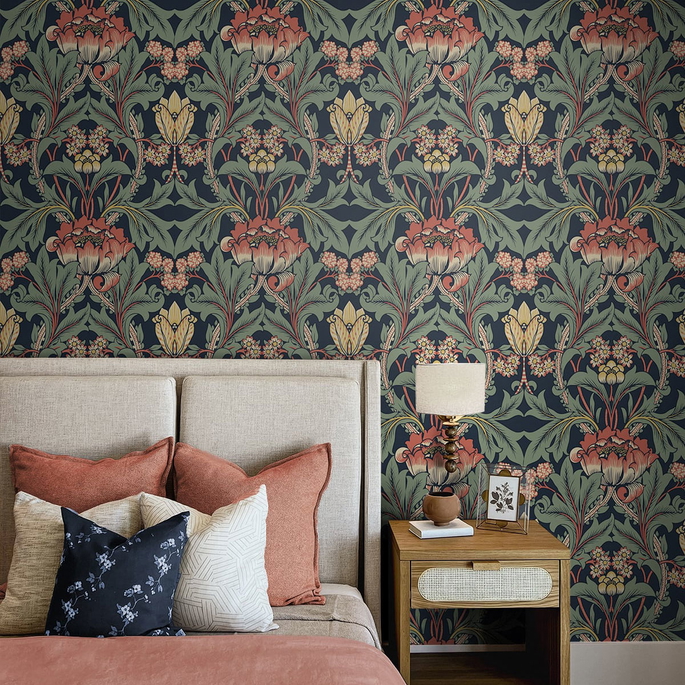 NextWall Peel &amp; Stick Primrose Floral Denim Blue &amp; Auburn Wallpaper image 4 of 4