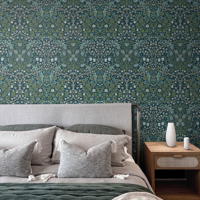NextWall Peel &amp; Stick Victorian Garden Prussian Blue &amp; Moss Green Wallpaper image 3 of 4