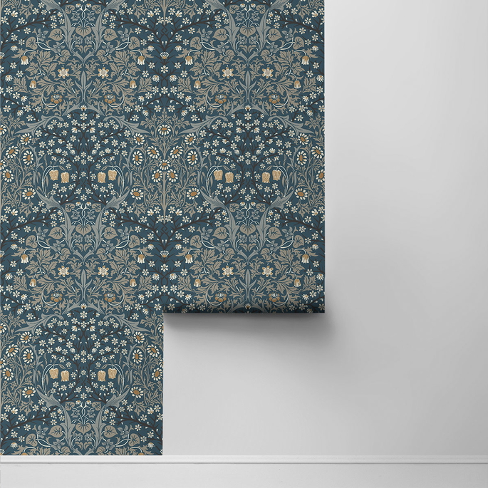 NextWall Peel &amp; Stick Victorian Garden Aegean Blue &amp; Warm Stone Wallpaper image 2 of 4