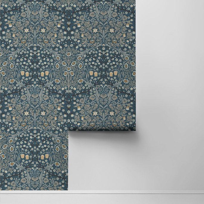 NextWall Peel &amp; Stick Victorian Garden Aegean Blue &amp; Warm Stone Wallpaper image 2 of 4