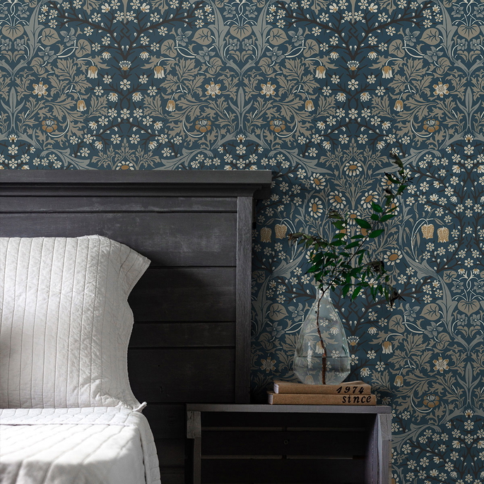 NextWall Peel &amp; Stick Victorian Garden Aegean Blue &amp; Warm Stone Wallpaper image 3 of 4