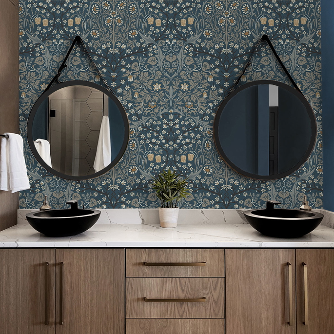 NextWall Peel &amp; Stick Victorian Garden Aegean Blue &amp; Warm Stone Wallpaper image 4 of 4