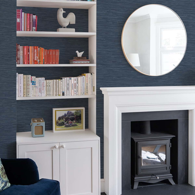 NextWall Peel &amp; Stick Cyrus Faux Grasscloth Naval Blue &amp; Metallic Silver Wallpaper image 2 of 5
