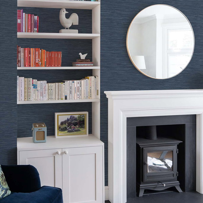 NextWall Peel &amp; Stick Cyrus Faux Grasscloth Naval Blue &amp; Metallic Silver Wallpaper image 2 of 5