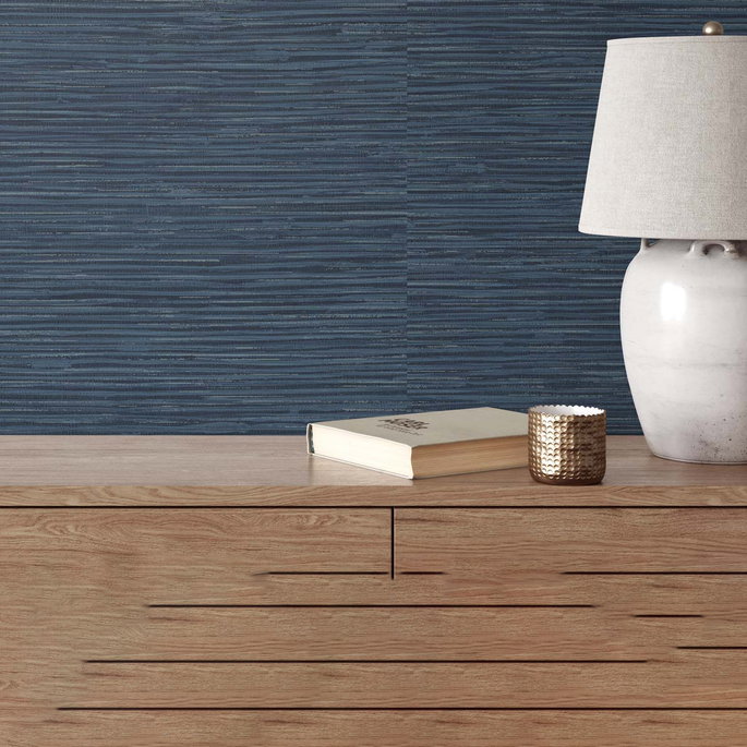NextWall Peel &amp; Stick Cyrus Faux Grasscloth Naval Blue &amp; Metallic Silver Wallpaper image 5 of 5