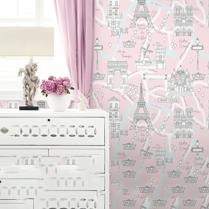 NextWall Peel &amp; Stick Paris Scene Pale Pink Wallpaper image 2 of 5