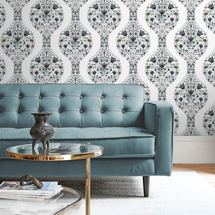 NextWall Peel &amp; Stick Floral Ogee Steel &amp; Rustic Taupe Wallpaper image 2 of 5