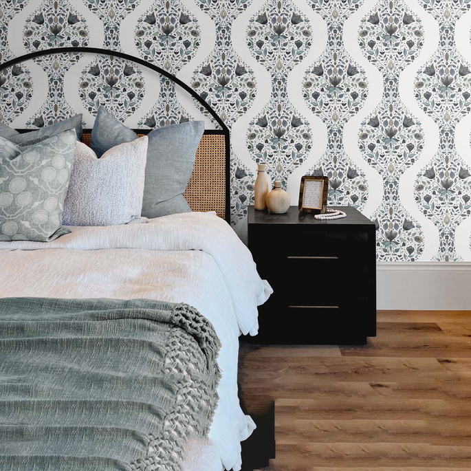 NextWall Peel &amp; Stick Floral Ogee Steel &amp; Rustic Taupe Wallpaper image 3 of 5