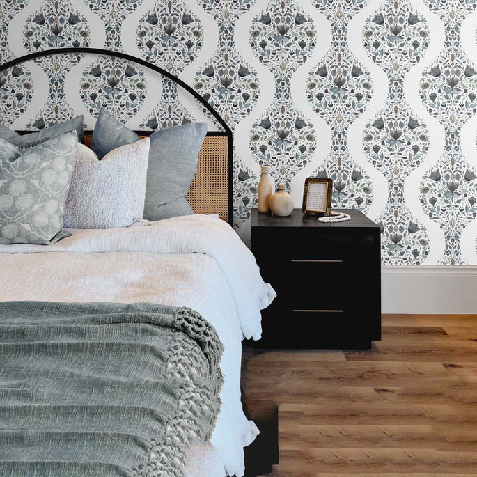 NextWall Peel &amp; Stick Floral Ogee Steel &amp; Rustic Taupe Wallpaper image 3 of 5