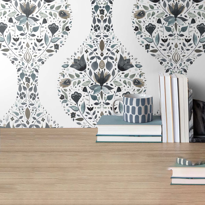 NextWall Peel &amp; Stick Floral Ogee Steel &amp; Rustic Taupe Wallpaper image 4 of 5
