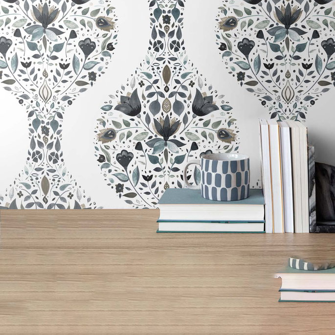 NextWall Peel &amp; Stick Floral Ogee Steel &amp; Rustic Taupe Wallpaper image 4 of 5