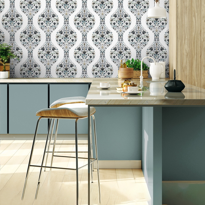 NextWall Peel &amp; Stick Floral Ogee Steel &amp; Rustic Taupe Wallpaper image 5 of 5