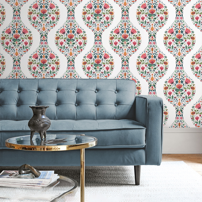 NextWall Peel &amp; Stick Floral Ogee Rose Pink &amp; Spruce Wallpaper image 2 of 5