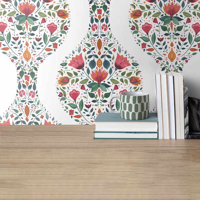 NextWall Peel &amp; Stick Floral Ogee Rose Pink &amp; Spruce Wallpaper image 4 of 5