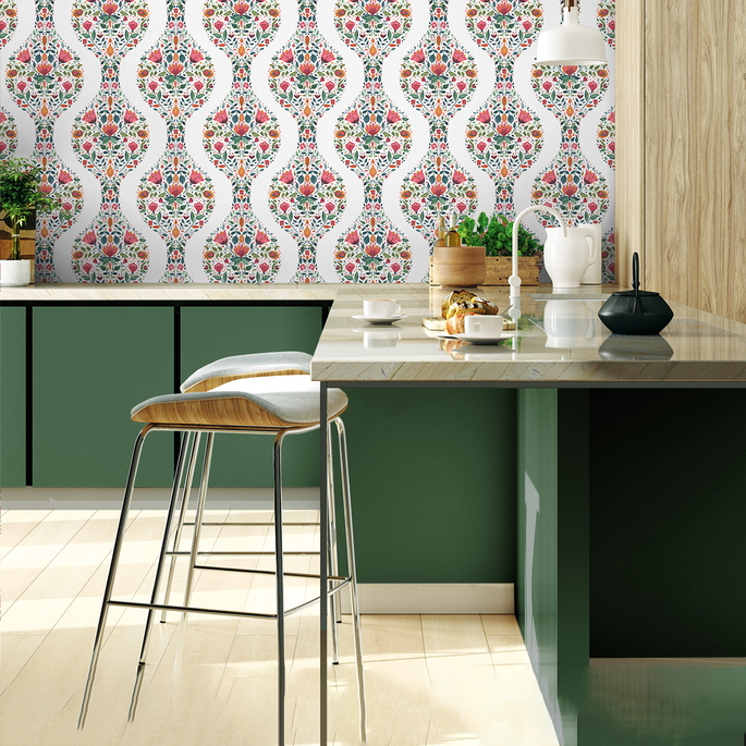 NextWall Peel &amp; Stick Floral Ogee Rose Pink &amp; Spruce Wallpaper image 5 of 5