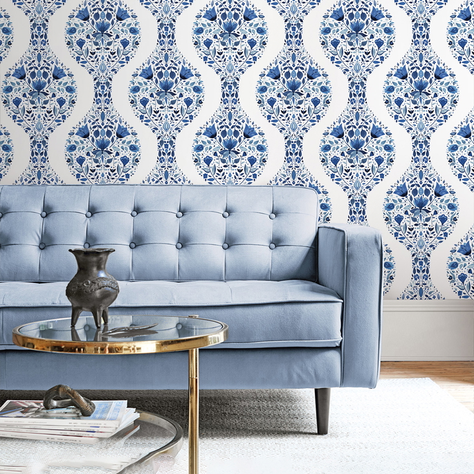 NextWall Peel &amp; Stick Floral Ogee Bluestone Wallpaper image 2 of 5