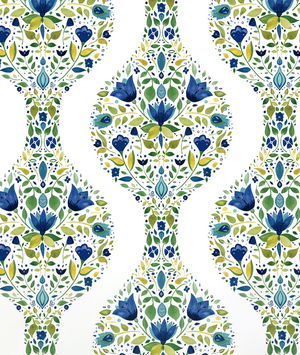 NextWall Peel & Stick Floral Ogee Cobalt & Spring Green Wallpaper