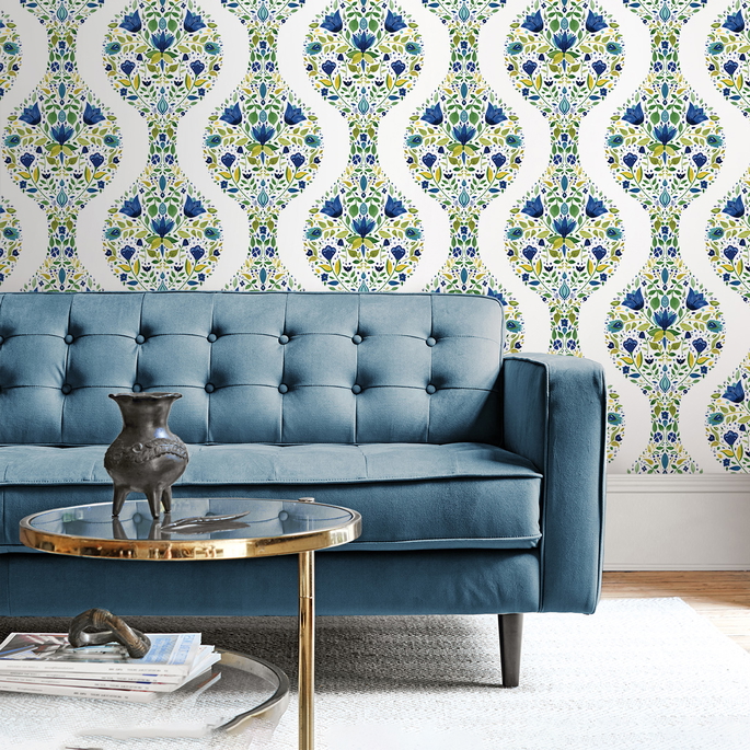 NextWall Peel &amp; Stick Floral Ogee Cobalt &amp; Spring Green Wallpaper image 2 of 5
