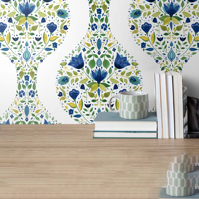 NextWall Peel &amp; Stick Floral Ogee Cobalt &amp; Spring Green Wallpaper image 4 of 5